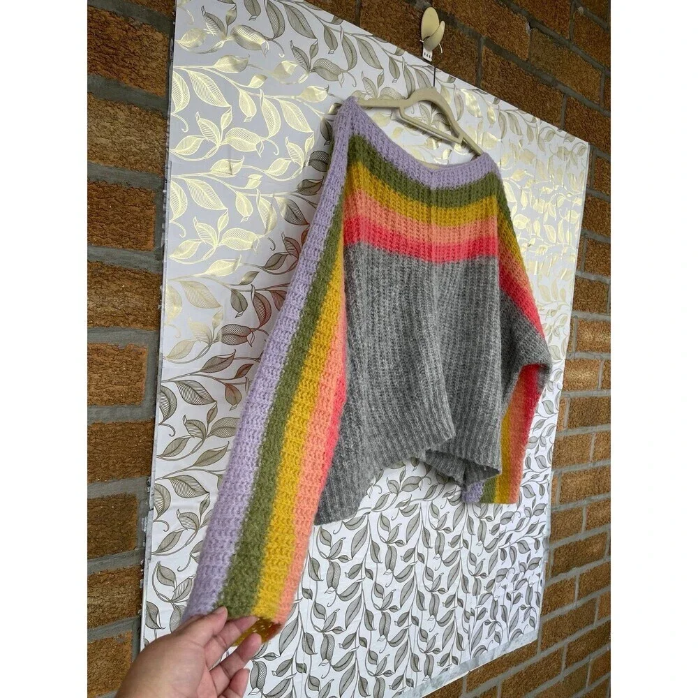 Free People Alpaca Blend Rainbow Stripe Oversized Sweater L  Soft Girl Aesthetic